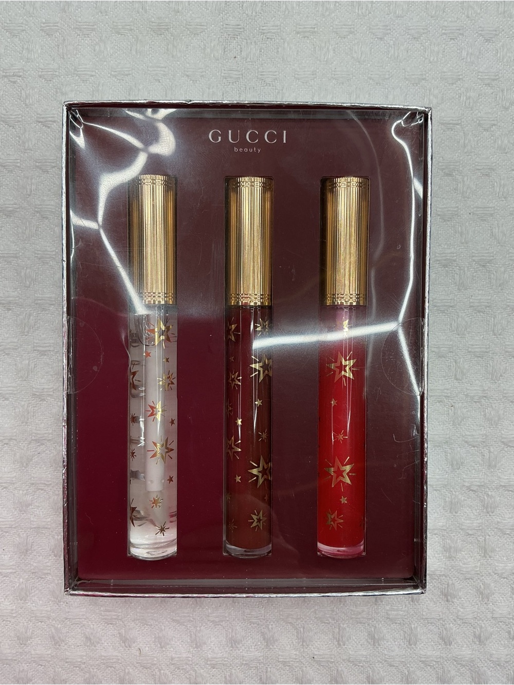 Gucci Lip Gloss Trio - Clear, Deep Berry, Bright Red
